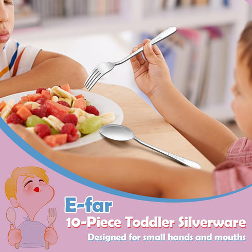 E-far Toddler Forks and Spoons Set, 10-Piece Stainless Steel Toddler Utensils Kids Safe Silverware for Self Feeding, Healthy & Non-Toxic, Dishwash...