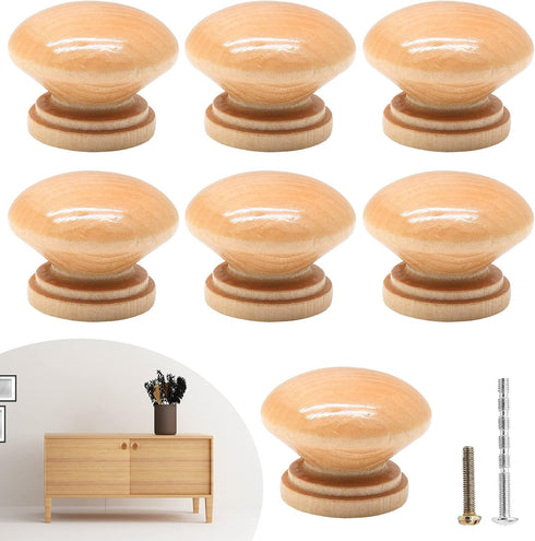 15PCS Round Wood Drawer Knobs, 1-3/8 inch Diameter Mushroom Knobs Wooden Cabinet Pulls Handles with Mounting Screws for Furniture - Wood Grain...