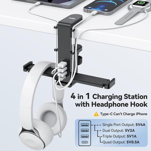KDD Headphone Hanger with USB Charger - Dual Headset Stand with Removable Hooks - Under Desk Charging Station with 3USB & 1 Type C - iWatch Stand ...