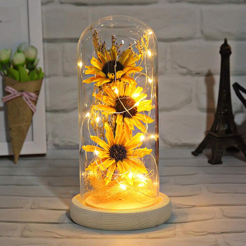 Sunflower Gifts for Women, Sunflowers Artificial Flowers in Glass Dome with LED Strip, Birthday Gifts for Mom & Grandma, Sunflower Decor on Mother...