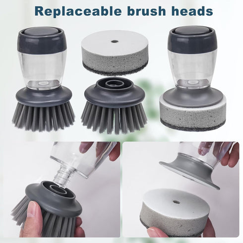Dish Brush with Soap Dispenser, Dishwashing Heavy Duty Sponge Scrubber Refills Replacement Head, Kitchen Scouring Pad Wipes Scrub Cleaning Brush w...