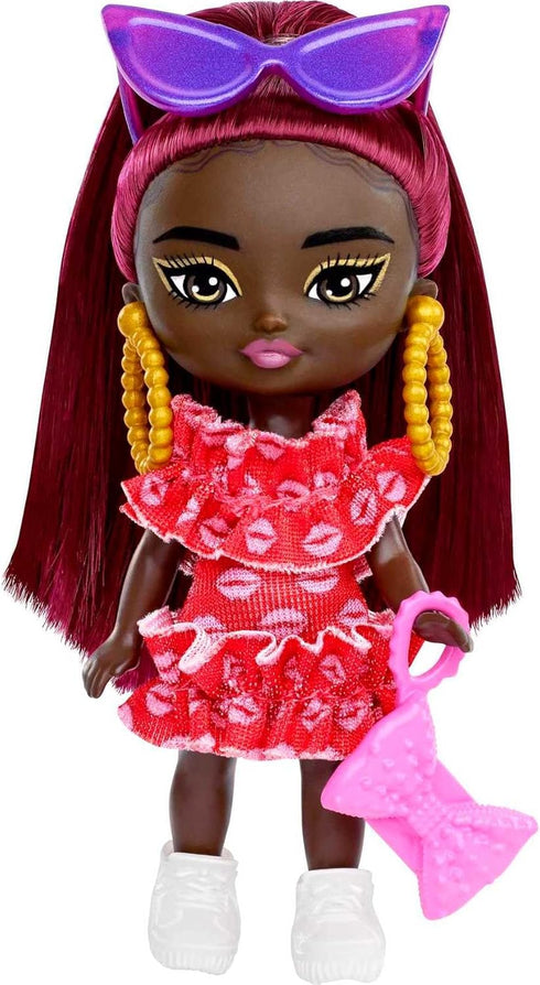 Barbie Extra Mini Minis Doll with Burgundy Hair, Red Ruffle Dress, Sunglasses & Accessories & Stand, 3.25-inch...