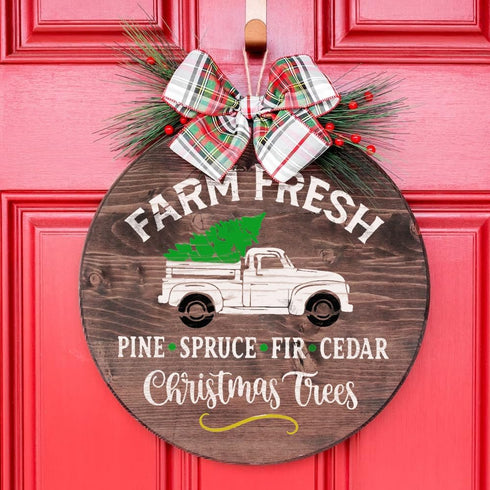 Large Farm Fresh Christmas Stencil, Round Paint Stencils for Crafts, Farmhouse Stencils for Painting on Wood - Tree Stencil Reusable, Pine Cedar T...