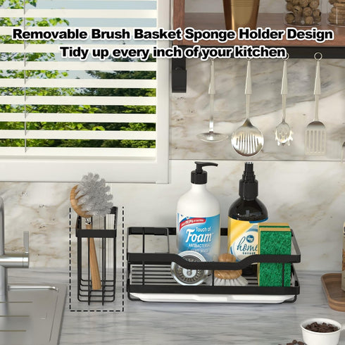 Multifunctional Sponge Holder for Kitchen Sink, Kitchen Sink Caddy Organizer with Detachable Brush Holder, 304 Stainless Steel Dish Soap Caddy Rus...