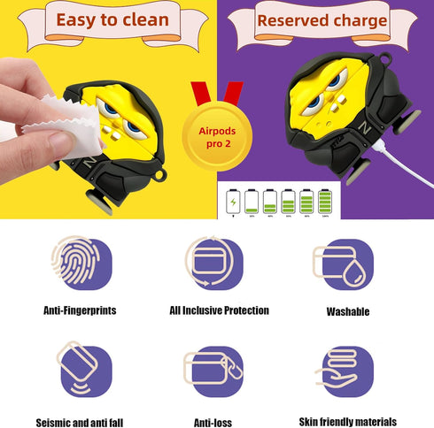 Cute Cartoon 3D Silicone Case AirPods Pro 2nd/1st Generation case with Keychain and Lanyard Cleaner kit Characters Design for Kids Boys Girls (Yel...