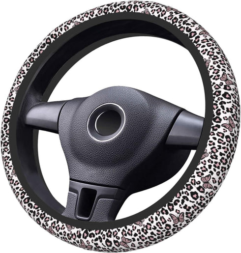 Black and White Leopard Print Auto Car Pink Butterfly Steering Wheel Cover Universal 15 Inch Neoprene Interior Decor Protection Accessories...