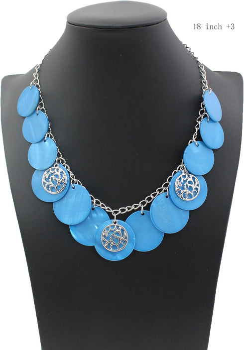 Statement Shell Disc Beaded Necklace Big Chunky 18” Necklace and Earrings Set for Women Holiday...