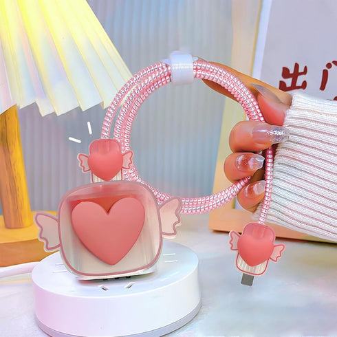 Wings Cable Protector for Apple Charger with Cute 3D Pink Love Heart Design, Data Line USB Charger Cover Wire Cord Saver DIY Charger Protector Com...