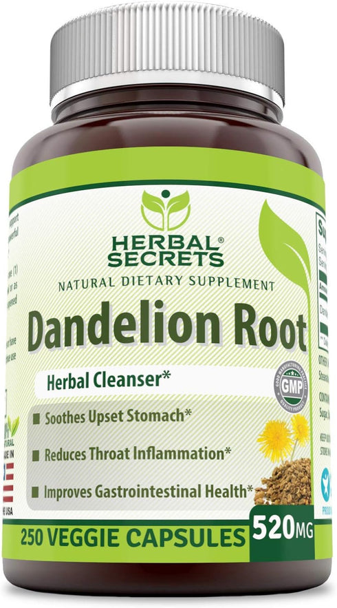 Herbal Secrets Dandelion Root 520 mg Veggie Capsules Supplement | Non-GMO | Gluten Free | Made in USA (250 Count)...
