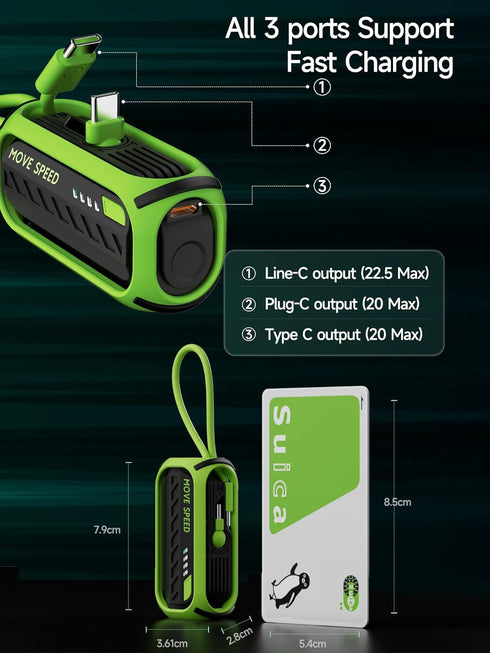 MOVE SPEED Portable Charger 5000mAh, PD 20W & QC 22.5W Fast Charging, Foldable Type-C Plug, with Built-in Cable, 18W Input, Power Bank Compatible ...