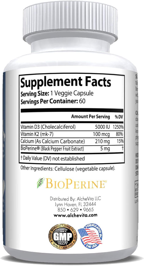 AlcheVita Vitamins D3 (5000 IU) + K2 (mk7) + Calcium (210mg)- Maximum Strength Complex (3-in-1 Formula) - 60 Capsules | Supports Healthy Bones, He...