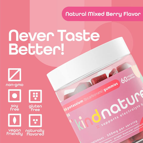Kind Nature High Potassium Supplement 500mg - Chewable Gummies for Adults & Kids - Pure Potassium Bicarbonate Mineral Supplement - Vegan, Gluten F...