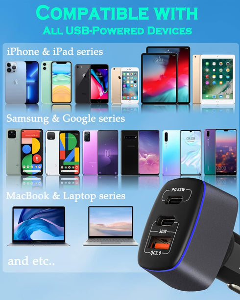 USB C Car Charger 95W, 3-Port PD 65W PPS 55W QC3.0 30W Fast Car Charger for iPhone 14/13/12/11 Pro Max, Samsung Galaxy, Google Pixel, MacBook/Lapt...