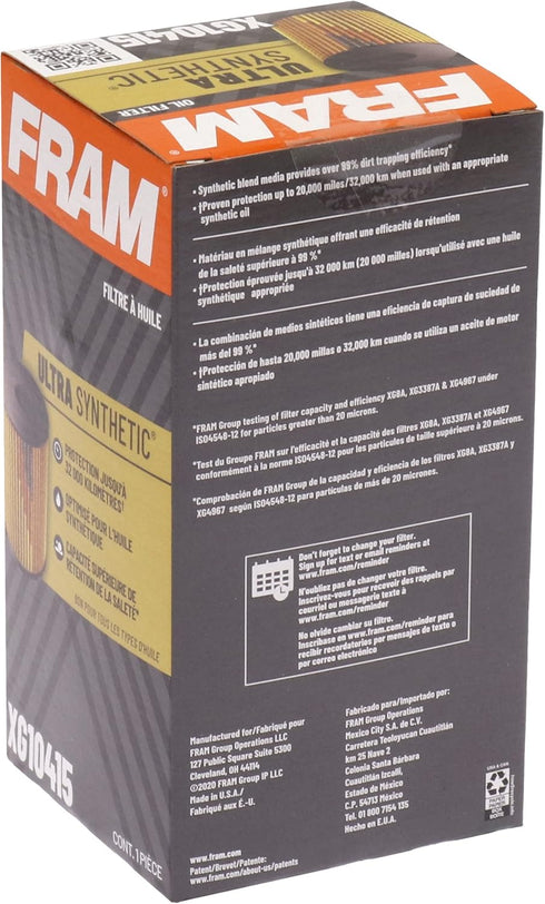 FRAM Ultra Synthetic Automotive Replacement Oil Filter, Designed for Synthetic Oil Changes Lasting up to 20k Miles, XG10415 (Pack of 1)...