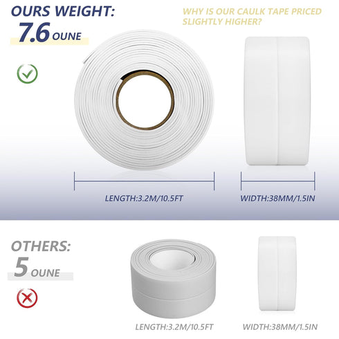 Self-Adhesive Caulk Tape - Waterproof Sealing Tape for Kitchens, Bathrooms, Toilets, and Showers - Easy to Apply, Flexible PVC Sealant Tape, White...