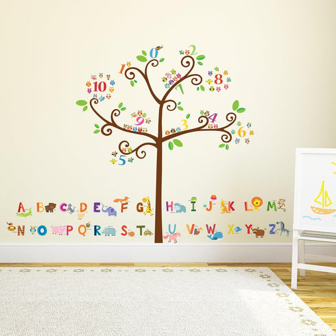 DECOWALL DA-1503 Animal Alphabet ABC and Owl Numbers Tree Kids Wall Stickers Wall Decals Peel and Stick Removable Wall Stickers for Kids Nursery B...