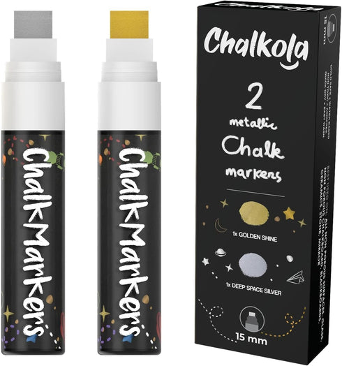 Metallic Chalk Markers (2 Pack) Liquid Chalk Pens for Blackboards, Chalkboard, Bistro Menu, Window Markers for Cars - Wet Wipe Erasable - 15mm Jum...