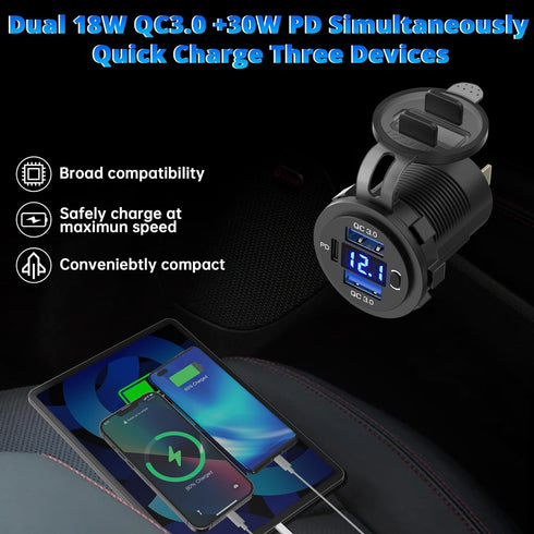 Qidoe 12V USB Outlet Dual 18W Quick Charge 3.0 Port & 30W PD 12V USB C Car Charger Socket with Voltmeter and Power Switch, Waterproof Multiple Car...
