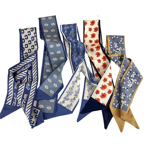 Retro small silk scarf girl heart spring and summer narrow ribbon headband headband bag decoration long scarf headdress (blue hair band 5pcs)...