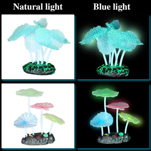 Frienda 8 Pieces Glowing Fish Tank Decorations Plants with 2 Style Glowing Kelp, Sea Anemone, Simulation Coral, Jellyfish, Lotus Leaf, Mushroom fo...