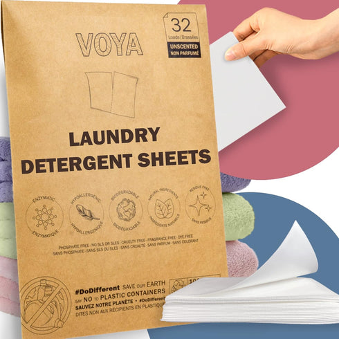 VOYA Unscented Natural Laundry Detergent Sheets (32 Loads) - Eco Friendly Hypoallergenic Baby Organic Laundry Soap Sheets, Premeasured Travel Dete...