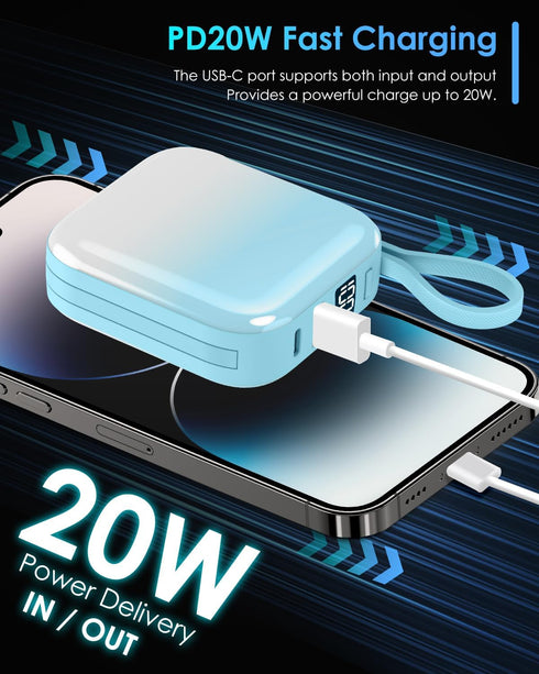 Mini Portable Charger Power Bank,22.5W 10000mAh Fast Charging Portable Phone Charger with Built in iOS and USB C Output Cable,LED Display Travel B...