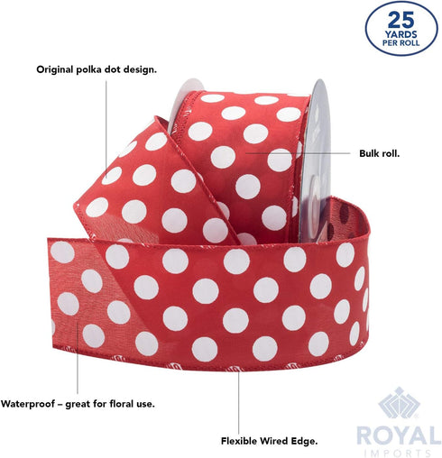 Royal Imports Polka Dot Ribbon, 2.5" (#40) Christmas Ribbon Circle Design for Floral, Craft, Holiday Decoration, 25 Yard Roll (75 FT Spool) - Red/...
