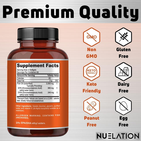 Fish Oil 2000mg - Wild Caught Omega 3 Fish Oil, 120 Softgels - Non-GMO, Gluten Free, Keto Friendly, 60 Servings...