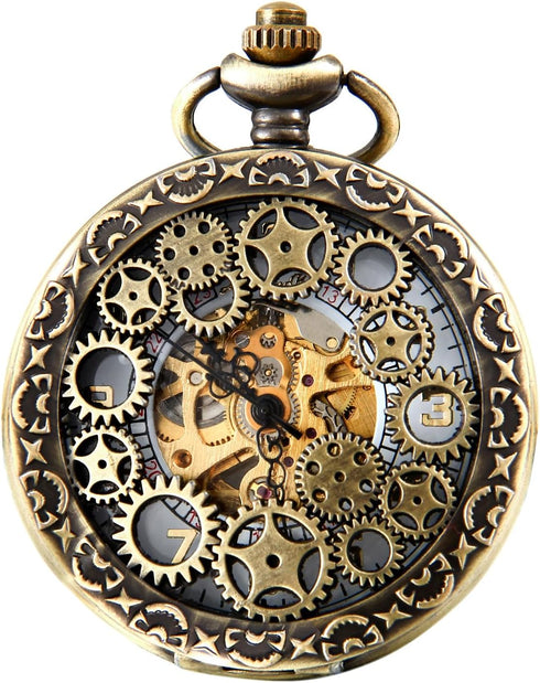 Avaner Steampunk Retro Half Hunter Copper Gear Skeleton Hand Wind Mechanical Roman/Arabic Numeral Analog Display Pocket Watch with 14" Chain...