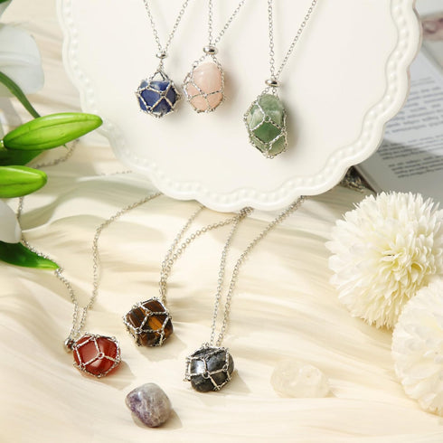 24 Pieces Crystal Holder Necklace Silver Stainless Steel Crystal Cage Necklace Adjustable Metal Crystal Cage Necklace Interchangeable Gemstone Jew...