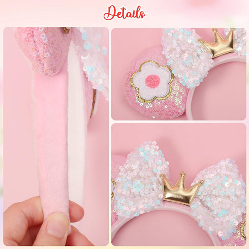 3D Mouse Ears Headbands, Flower Pink Sequin Mouse Ears for Women Girls, 2" Extra Thick Headband with 4" Park Ears, Birthday Party Decorations Hair...