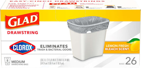 Glad Trash Bags, Medium Drawstring Garbage Bags with Clorox, 8 Gallon, Lemon Fresh Bleach Scent, 26 Count...