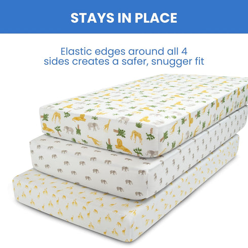 Delta Children Fitted Crib Sheets for Girls and Boys - Crib Sheet for Standard Crib and Toddler Mattresses - 28x52 Inch (Pack of 3), Safari Friend...