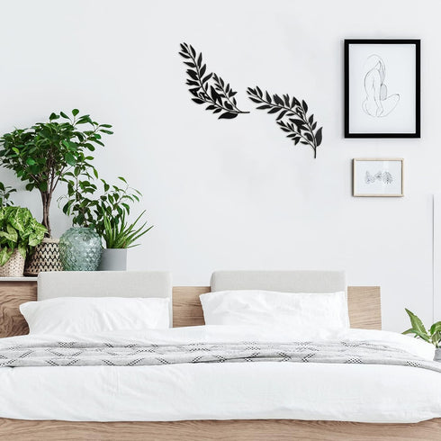 2 Pieces Metal Tree Leaf Wall Decor Vine Olive Branch Leaf Wall Art Black Wrought Iron Scroll Sculptures Metal Leaf Wall Scroll Branch Wall Sculpt...