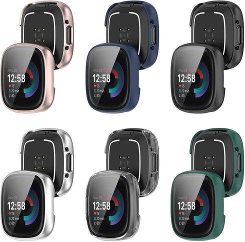 FitTurn 6Pack Screen Protector Case Compatible with Fitbit Versa 4/Sense 2 with HD Tempered Glass Case Cover Full Coverage Shell Protective for Ve...