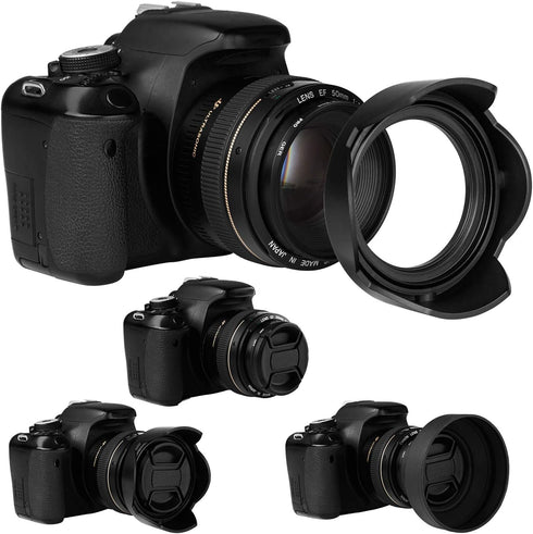 Veatree 72mm Lens Hood Set, Collapsible Rubber Lens Hood with Filter Thread + Reversible Tulip Flower Lens Hood + Center Pinch Lens Cap + Microfib...