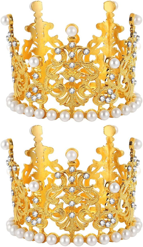 Amosfun 2pcs Mini Crown Cake Topper Pearl Rhinestone Queen Princess Tiara Crown for Birthday Wedding Party Cake Decorations Supplies (Golden)...