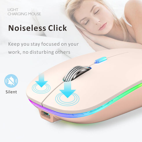 Uiosmuph LED Wireless Mouse, G12 Slim Rechargeable Silent Mouse, 2.4G Portable Optical Computer Mice with Receiver and Type C Adapter (Nude Pink)...