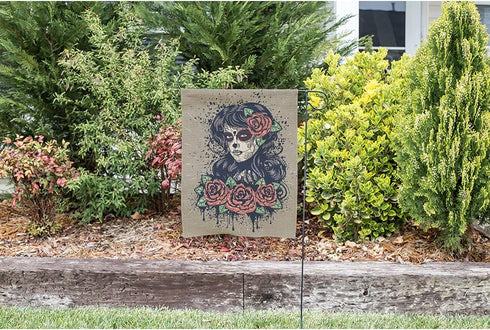 Moslion Sugar Skull Garden Flag Vertical Double Sided Gothic Lady with Day of The Dead Makeup and Blooming Red Roses House Flags Home Burlap Banne...