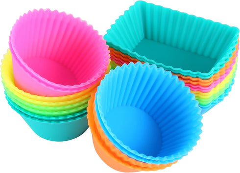 IPOW 24 Pack Silicone Cupcake Baking Cups Reusable Food-Grade BPA Free Non-Stick Muffin Liners Molds Sets, 2 Shapes Round Rectangle...