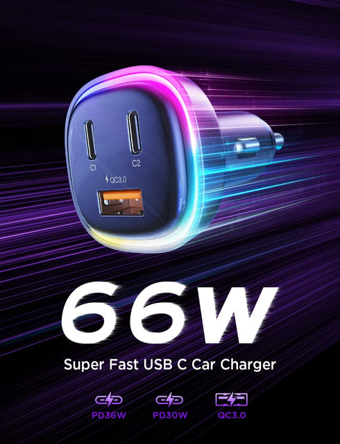 LISEN 66W C Type Car Charger, PD 36W+QC 30W Car Cigarette Lighter USB C Charger All Metal 3-Port Super Fast USB C Car Adapter Fit for iPhone 15 14...
