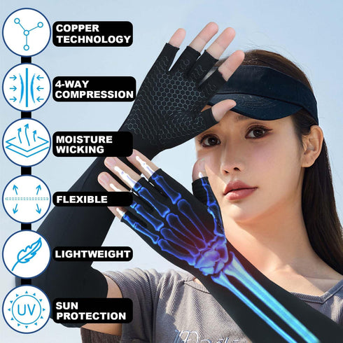 Long Copper Arthritis Gloves for Carpal Tunnel, Compression Gloves for Hand Pain Relief, Wrist Arm Support, Fingerless Typing Gloves for Rheumatoi...