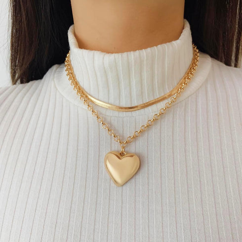 Layered Chunky Heart Choker Necklace - Gold Plated Heart Pendant Herringbone Snake Chain Y2K Grunge Jewelry Gifts for Women...