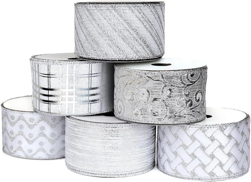 Christmas Ribbon Wired, 6 Rolls 2.5 Inch 36 Yard Silver Sheer Glitter Organza Wired Edge Ribbons for Christmas Tree, Gift Wrapping, Assortment Rib...