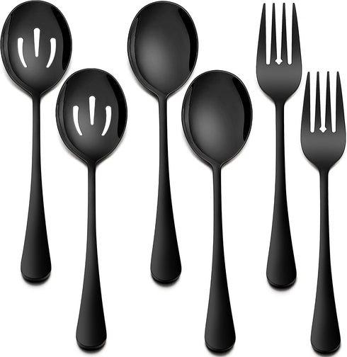 Homikit Stainless Steel 2 Black Serving Spoons, 2 Black Slotted Serving Spoons, 2 Black Serving Forks, Metal Buffet Party Banquet Restaurant Cater...