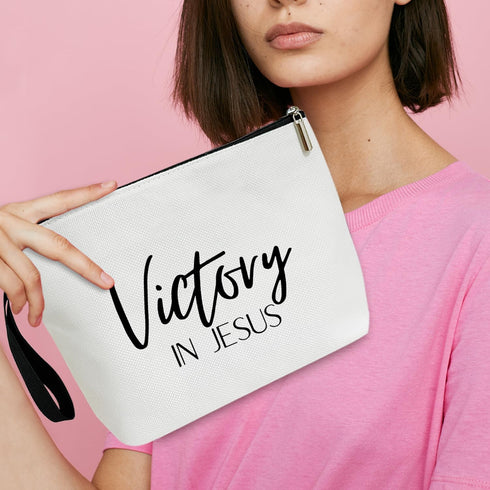 Canvas Makeup Bag for Women, Victory in Jesus Cosmetic Bag Makeup Toiletry Organizer Cute Makeup Pouch Travel Essential Zipper Bag, Pencil Bag Rel...
