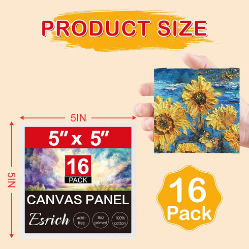 ESRICH Canvas Boards for Painting, 16 Pack Canvases for Painting 5x5 100% Cotton Small Paint Canvas Primed Acid Free Mini Blank Canvas Panels for ...