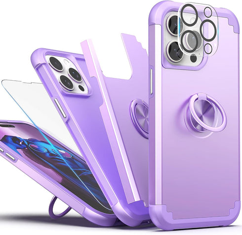 IDweel for iPhone 15 Pro Max Case with Screen Protector+360°Ring Holder Stand+Camera Lens Protector,2 in 1 Shockproof Slim Fit Hybrid Heavy Duty H...