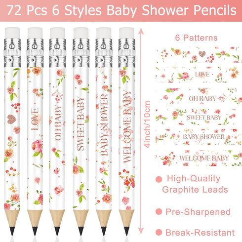 72 Pcs Baby Shower Half Pencils - 4 Inches Baby Shower Floral Pencils with Erasers - Mini Pencils Baby Shower for Girl Boy Kids School Office Baby...