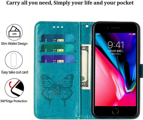 for iPhone SE 2022/SE 2020 Case, 6/6S/7/8 Wallet Case | Butterfly Floral Embossed, Wrist Strap, Card Holder Slots, Stand Leather Protective Flip C...